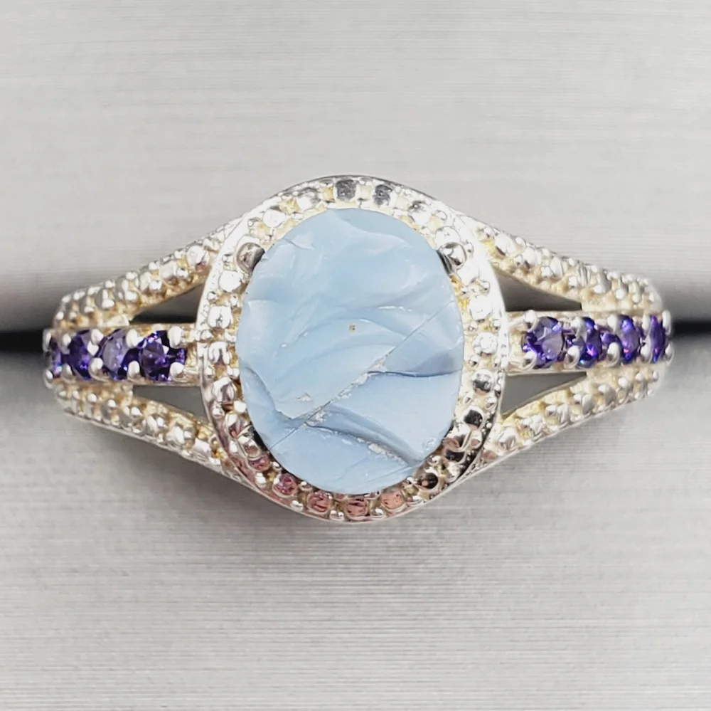 Genuine Rough Cut Blue Oregon Opal & Purple Diamond Simulants 925 Silver Ring